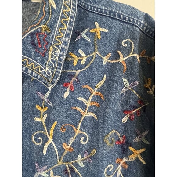 Vintage Floral Denim Jacket XL Blue Embroidery 80s Western Boho Cottagecore Chic - Picture 4 of 12